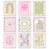 Whaline 9Pcs Danish Pastel Wall Art Prints Green Pink Preppy Room Decor Aesthetic Heart Flowers Smile Face Art Poster Decor for