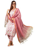 Anni Designer Women'S Cotton Blend Straight Printed Kurta With Pant & Dupatta (Gojari Peach_Xl_Peach_X-Large),Peach,XL