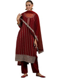 Libas Womens Embroidered Silk Blend Straight Kurta With Trousers And Dupatta