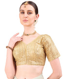 Pujia Mills Womens Indian Ethnic Wear Designer Sequence Silver Matching Work Embroidered Deep V Neck Half Sleeve Ready Padded Sari Blouse Single Color Ready Made, gold, 74