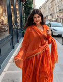 Anni Designer Women'S Rayon Viscose Anarkali Solid Kurta With Pant & Dupatta (Garbo Orange-Vks04_M_Orange_Medium),Orange,M,,,