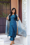 Anni Designer Women'S Rayon Viscose Solid Straight Kurta With Pant & Dupatta (Vardhan Blue_L_Blue_Large),Blue,L,,,