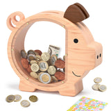 Wooden Piggy Bank for Boys Kids Girls, Clear Large Animal Coin Bank, Unbreakable Wood Money Bank for Toddler Real Money Toy Pers