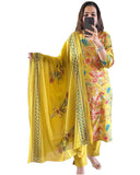Anni Designer Women'S Rayon Blend Printed Straight Kurta With Pant & Dupatta (Pubani Mustard_S_Mustard_Small),Mustard,S