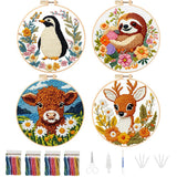 Zibuyu 4Pcs Cross Stitch Embroidery Kit With Penguin, Sloth, Calf, Deer Patterns, Embroidery Kit For Beginners With Scissors, Th