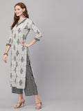 Anni Designer Women'S Cotton Blend Printed Straight Kurta With Pant (Nandi Grey_L_Grey_Large),Grey,L,Cotton Blend,Regular,Kurta