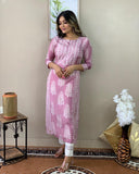 Anni Designer Women'S Cotton Blend Printed Straight Kurta With Pant (Oni101 White_M_Pink_Medium),Pink,M,Cotton Blend,Regular,Kurta & Pant Set