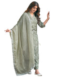 Sanisa Womens Rayon Blend Floral Print Straight Kurta Set with Pants and Dupatta, Tea green and white, XXL
