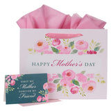 WITH LOVE Floral Gift Bag w/Card & Tissue Paper: First My Mother Forever My Friend, White w/Pastel Pink Florals, Happy Mother's