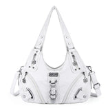 Angelkiss Women Multiple Pockets Purses and Handbags Washed Leather Two Top Zippers Closure White-New