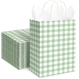 Kolldenn 24 Pcs Sage Green Gingham Party Supplies Gift Bags with Handles Kraft Paper Checkered Plaid Treat Candy Goodie Bags for