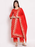 Gosriki Women'S Cotton Blend Kurta With Palazzo & Dupatta (Kpzd-Cot-10001-Red_L-Go_Red_Large),Red,,B09LS685Q1