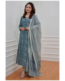 Gosriki Women'S Cotton Blend Block Printed Straight Kurta With Pant & Dupatta (Nihira Blue-Gs_S_Blue_Small),Blue,,B0C543P6KT