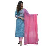 Anni Designer Women'S Pure Cotton Straight Kurta With Palazzos & Dupatta (Bp Cotton New_Xxl_Blue_Xx-Large),Blue,2XL