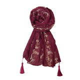 Fahabo Scarf For Women Stylish Pleated Viscose Cotton With Embroidery And Tassels | Hijab Scarf | Stole | Soft, Lightweight, And