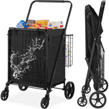 VEVOR Folding Shopping Cart with Removable Waterproof Liner, 330LBS Large Capacity Jumbo Grocery Cart with Dual Basket, 360 Swiv