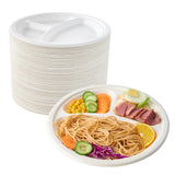 ECOLipak 150 Pack Compostable 3 Compartment Plates, Heavy-Duty Disposable Biodegradable Paper Plates, 8.85 inch Eco-Friendly Sug