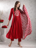 Anni Designer Women'S Rayon Blend Anarkali Embroidered Kurta With Pant & Dupatta (Varalaxmi Red-Vks02_L_Red_Large),Red,L,,,