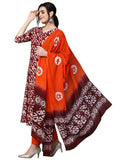 Anni Designer Women'S Cotton Blend Printed Straight Kurta With Pant & Dupatta (Karka Op-Wine_M_Wine_Medium),Wine,M