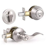Knobonly Entry Door Handle Set with Single Cylinder Deadbolts, All Keyed Alike, Satin Nickel Finish Door Levers with Lock&Keys,