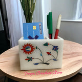 Pooja Creation White Marble Card Holder and Pen Stand