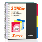 SUNEE Spiral Notebook, 3 Subject, College Ruled Paper, 8inch x 101/2inch, 150 Sheets/300 Pages, 3 Pocket Colored Dividers, Water Resi