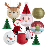 OBBOLO Christmas Hanging Paper Lanterns and Honeycomb Set, 11 PCS Santa Snowman Reindeer Theme Lanterns and Paper Christmas Tree
