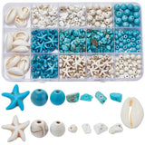 SUNNYCLUE 1 Box About 300Pcs Bohemian Style Starfish Beads Blue White Natural Shell Beads Summer Ocean Animal Starfish Seashell