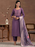 Libas Womens Woven Design Silk Blend Straight Kurta With Salwar And Dupatta Purple L
