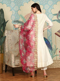 Ishin White Floral Embroidered Thread Work Straight Kurta With Trousers & Dupatta | Kurta Set For Women | Kurta With Trousers And Dupatta Off-White M