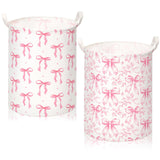 CroBlissful 2 Pcs Pink Bow Laundry Basket Coquette Storage Basket for Girls Nursery Hamper with Handles Foldable Waterproof Coll