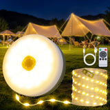 Camping String Lights, 4 in 1 Portable Camping Lights Rechargeable with 8 Lighting Modes, Remote Control, Quick Storage, 33FT Wa
