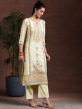 Libas Womens Printed Crepe Straight Kurta With Trousers And Dupatta Beige S 36957
