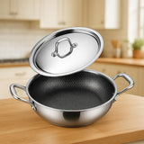 STEEPLE Triply Honeycomb NonStick Kadhai with Lid | 24cm | 3.1L | Stainless Steel Cookware for Gas, Induction, Ceramic & Electr