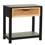 Benjara Tia 22 Inch Accent Side Table, Pine Wood, Woven Rattan, 1 Drawer, Black and Brown