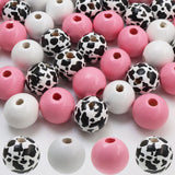150 Pieces 16mm Pink Cow Print Wood Beads Round Wooden Beads for Jewelry Making and Crafting (Cow Pink White, 16mm)