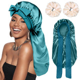 Silk Satin Sleep Cap for Black Women, Long Curly Hair with Headband, Silky Sleeping Cap for Braids with 2 Satin Scrunchies (Peac