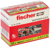 fischer DuoPower 3/16 x 1 (5x25mm) S, 50 Plugs & 50 Screws Metric Version Powerful Universal Plug with Intelligent 2-Component T