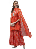 Stylum Women's Bandhej Printed Cotton Flared Short Kurta Sharara Dupatta Set (ORANGEAUDI38_Orange, M)