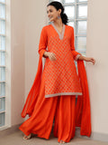 Libas Womens Woven Design Silk Blend Straight Kurta With Palazzos And Dupatta Orange 2Xl