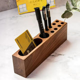 Acacia Wooden Pen Holder for Desk, Solid Wood Pencil & Business Card Organizer Stand for Office Stationery and Desktop Decor