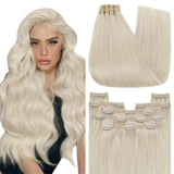 YoungSee 135G Lace Clip in Human Hair Extension Blonde Clip in Hair Extensions Platinum Blonde Dyable with Natural Luster Textur