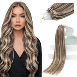 Sunny Hair 24 Inch Micro Link Hair Extensions Human Hair,Brown Highlights Blonde, 50g Invisible Microbead Extensions, Adds Lengt