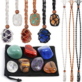 Crystals Necklace Holders and Healing Stones Set, 6Pcs Adjustable Crystal Cage with 7 Chakra Crystals and Healing Stones for Yog