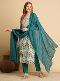 Anni Designer Women'S Cotton Blend Straight Printed Kurta With Pant & Dupatta (Kamkoj Teal_S_Blue_Small),Teal Blue,S,,,