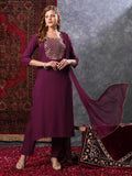 Anni Designer Women'S Rayon Blend Embroidered Straight Kurta With Pant & Dupatta (Yuvani Wine-Vks01_Xxl_Wine_Xx-Large),Wine,2XL,,,