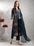 Anni Designer Women'S Rayon Blend Straight Printed Kurta With Pant & Dupatta (Sunawal Blue_S_Blue_Small),Blue,S,,,