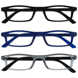 OPULIZE TED Reading Glasses for Women Men, Lightweight Narrow Rectangular Matt Frame with Spring Hinges, Black Blue Grey +3.50 (