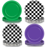 CHUNNIN 48PCS Green Purple Monster Truck Party Paper Plates for Monster Truck Themed Party Supplies 7 Checkered Racing Car Birt