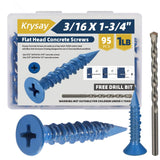 Krysay 95Pcs 3/16 x 1-3/4 in Concrete Screws with Drill bits,Masonry Screws for Concrete Assortment Kit,Flat Head Block Cement S
